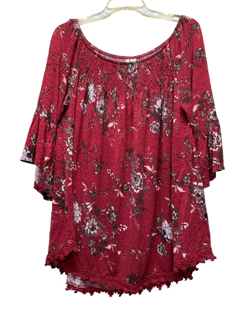 Smocked Off-Shoulder Floral Tunic Top in Burgundy
